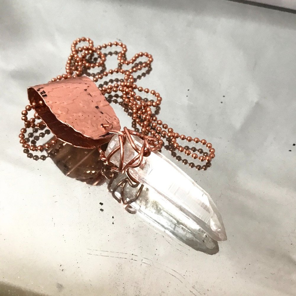 Lemurian Quartz Crystal Copper Choker Pendant Handmade Rustic Wire Wrapped - Picture 13 of 16